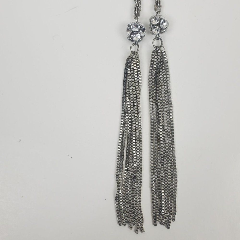 Vintage Silver Tone Rope Chain Box Tassel Round Clear Ball Lariat Opera Necklace - Picture 5 of 11